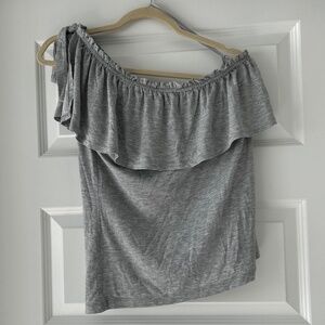 LOFT Gray One-Shoulder Top with Ruffles, Size Small - Excellent Condition